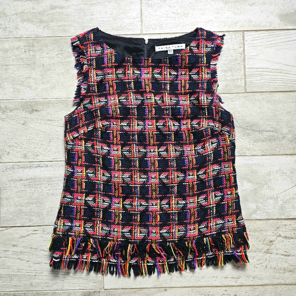 Trina Turk Lined Tweed Fringe Multicolor Top XS